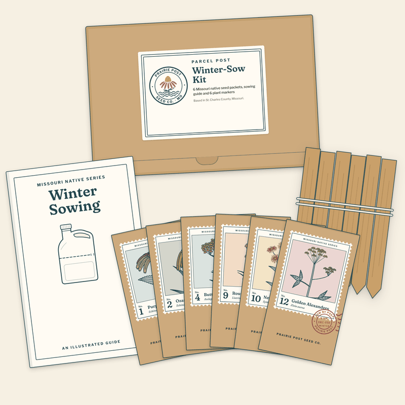 Illustration of the Winter-Sow Kit: a kraft gift box with a Parcel Post label, six seed packets (Nos. 1, 2, 4, 9, 10 and 12), the illustrated winter-sowing guide and six wooden plant markers.