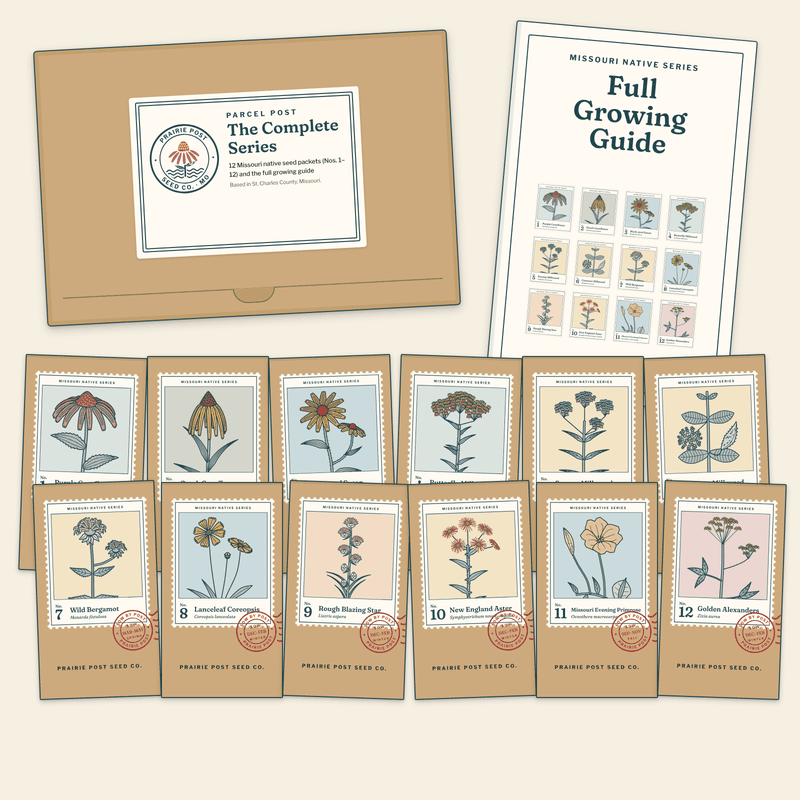 Illustration of The Complete Series: a kraft postal box with a Parcel Post label, all twelve Missouri Native Series seed packets (Nos. 1–12) and the full growing guide.